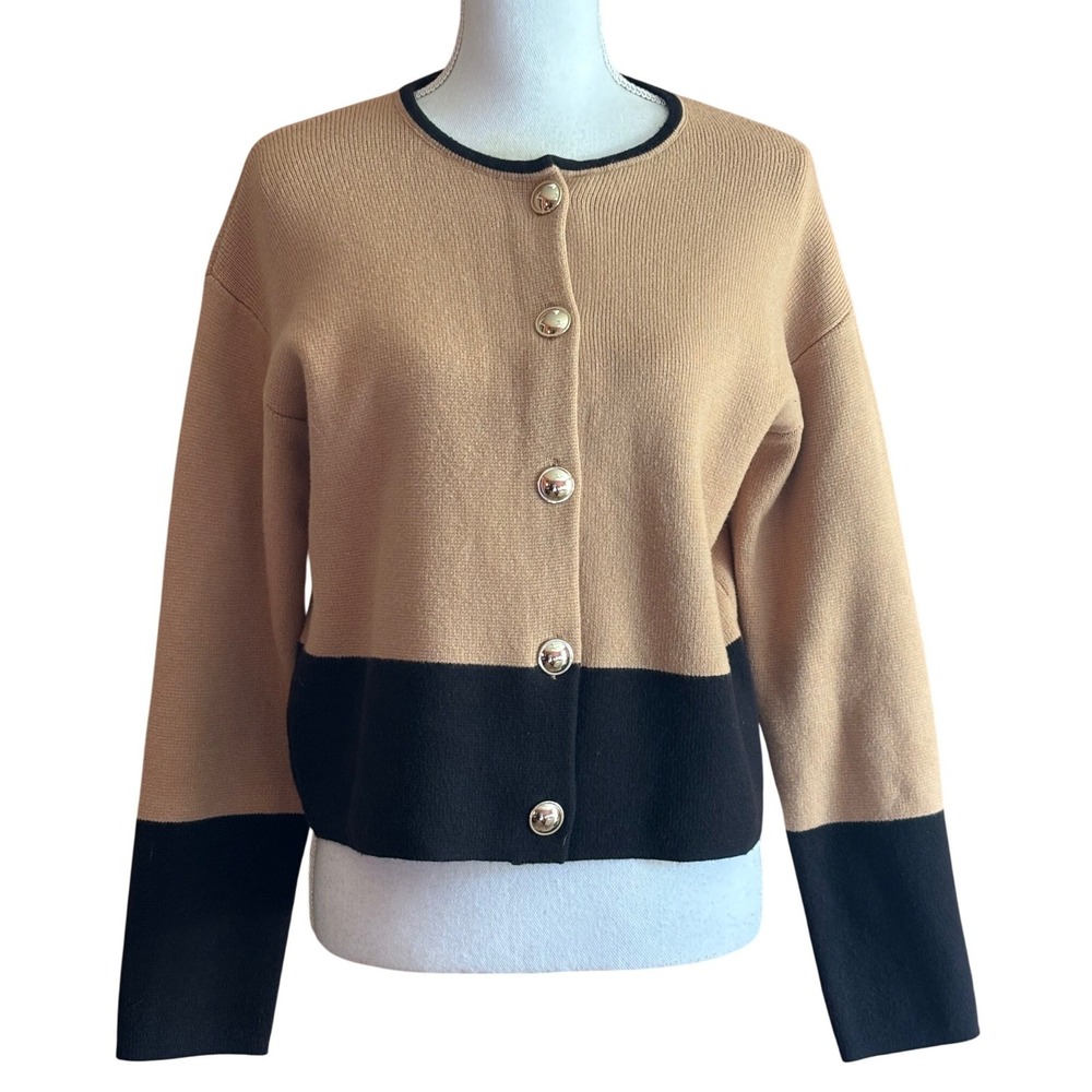 Ann Taylor Colorblock Cardigan S Gold Button Preppy Quiet Luxury Old Money